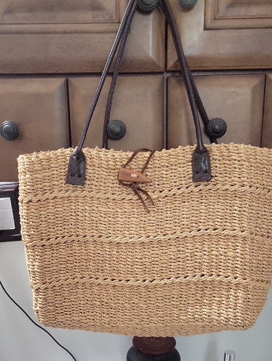 Handbags - Woven Straw Tote Bag with Brown Leather Handles